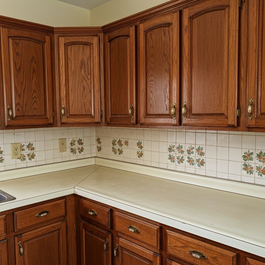 Before: Dated honey oak kitchen cabinets